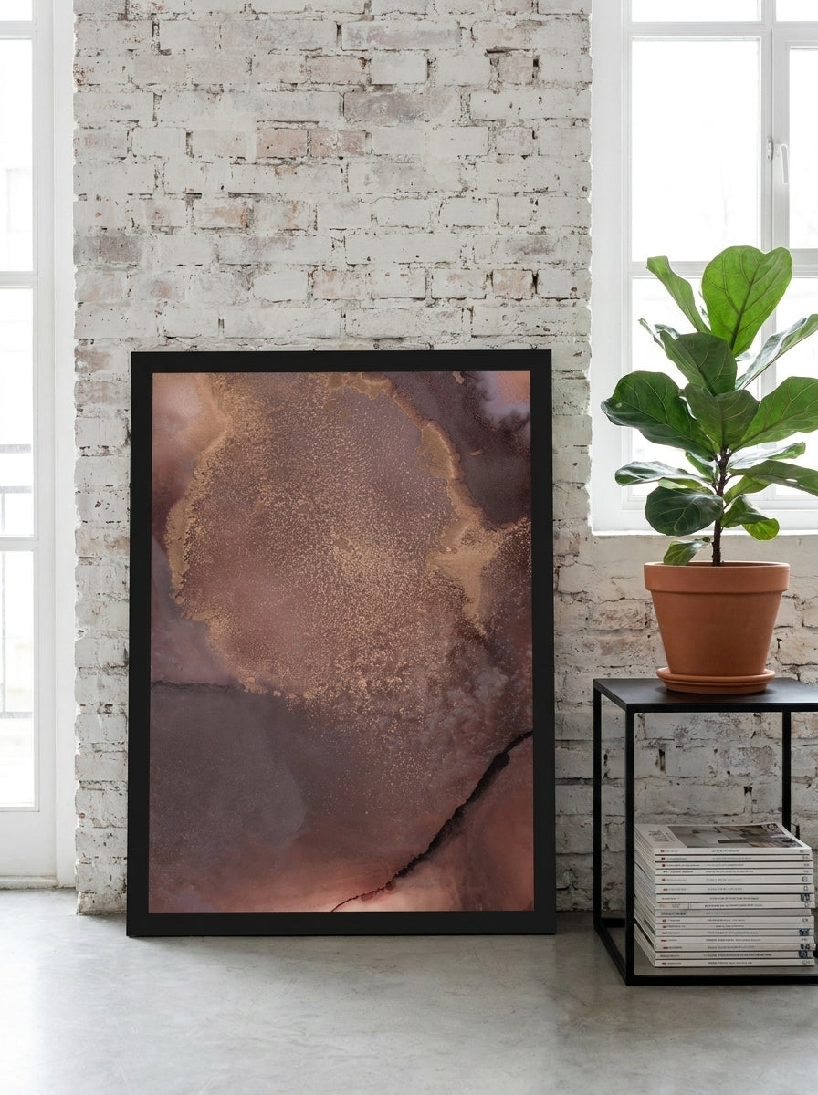 Modern wall art print leaning against the wall in an industrial loft living room