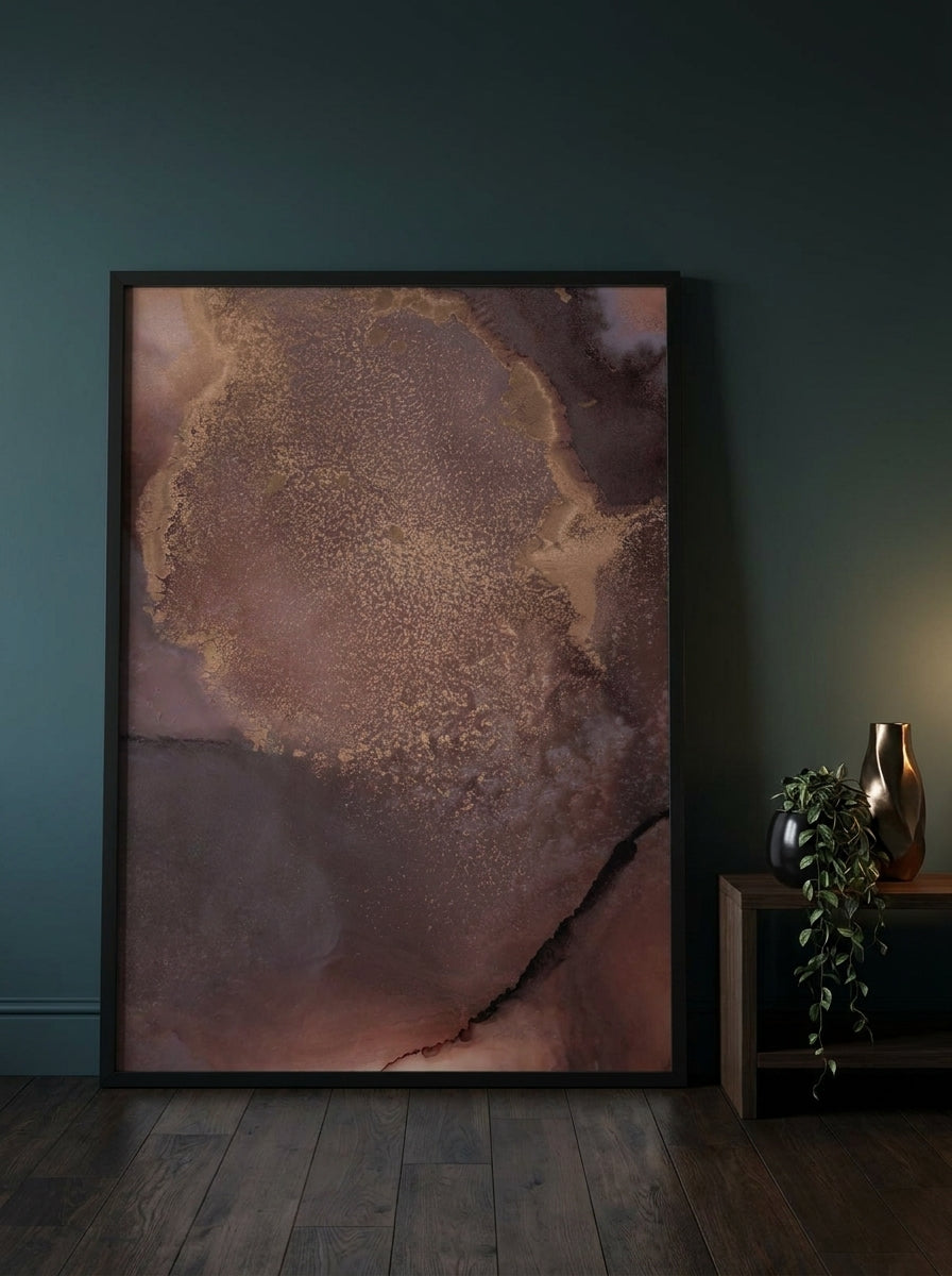 Oversized statement modern wall art print leaning against the wall in a moody bedroom