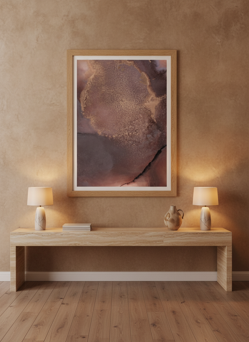 Modern wall art print styled on the wall in a luxe living room