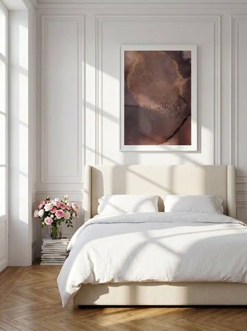 Modern wall art print styled on the wall in a Parisian bedroom