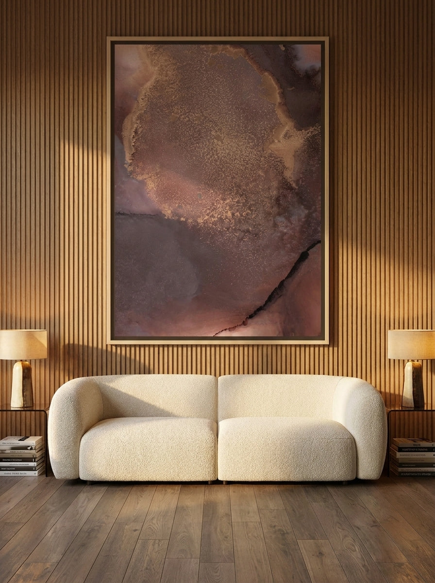 Oversized statement canvas wall art with a natural timber surround styled on the wall in a luxe living room