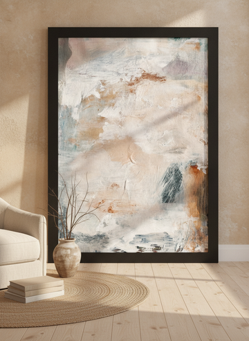 Oversized statement modern wall art print leaning against the wall in a warm Japandi bedroom