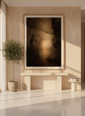 Oversized statement modern wall art print styled on the wall in a luxe living room