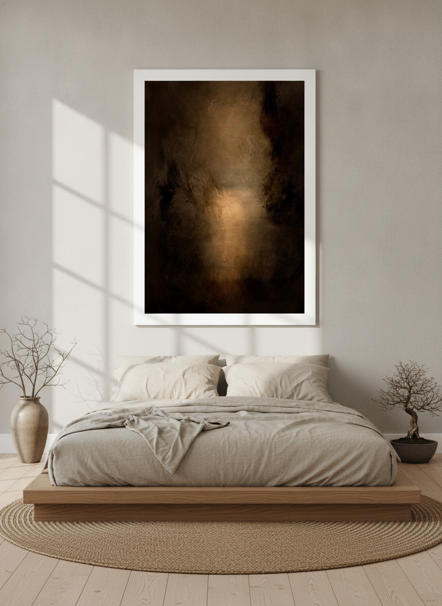 Modern wall art print styled on the wall in a warm Japandi bedroom