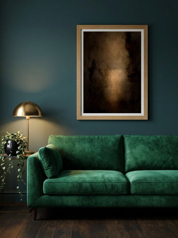 Modern wall art print styled on the wall in a moody living room
