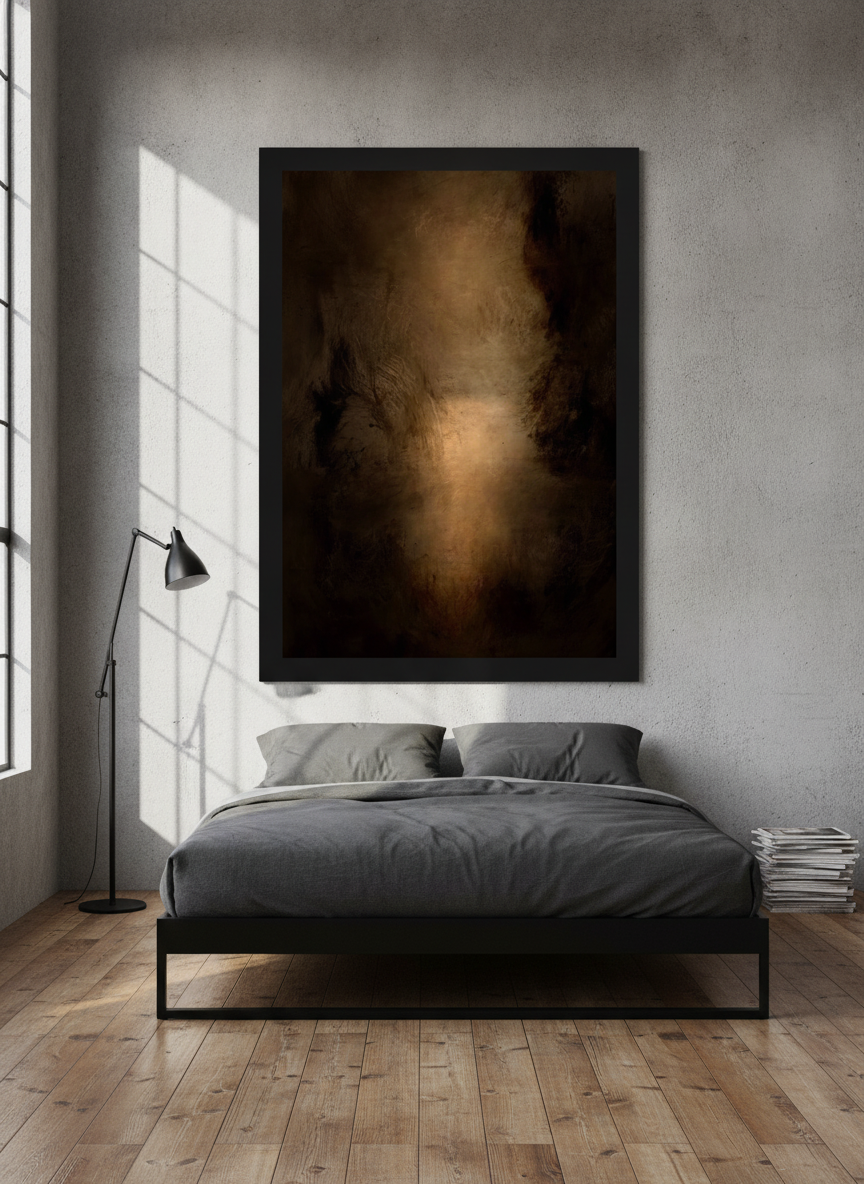 Oversized statement modern wall art print styled on the wall in an industrial loft bedroom