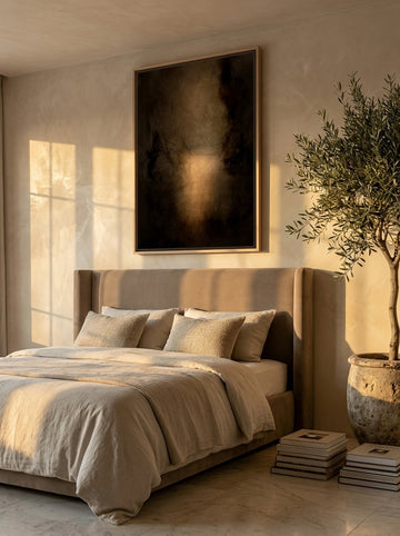 Oversized statement canvas wall art with a natural timber surround styled on the wall in a luxe bedroom