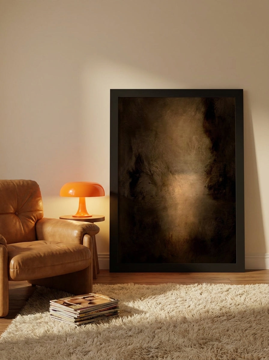 Modern wall art print leaning against the wall in a retro 70s living room