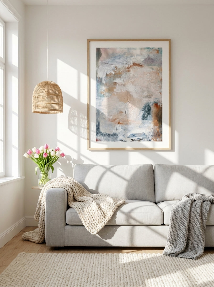 Modern wall art print styled on the wall in a bright Scandinavian living room