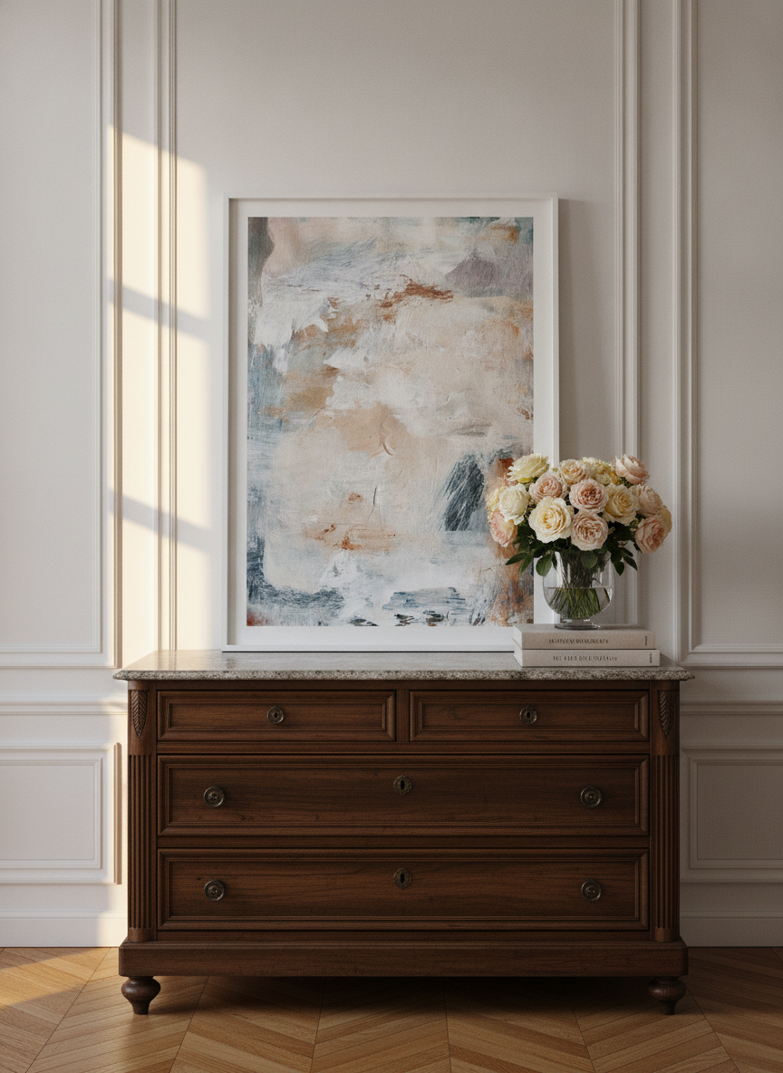 Modern wall art print standing on a sideboard in a Parisian bedroom