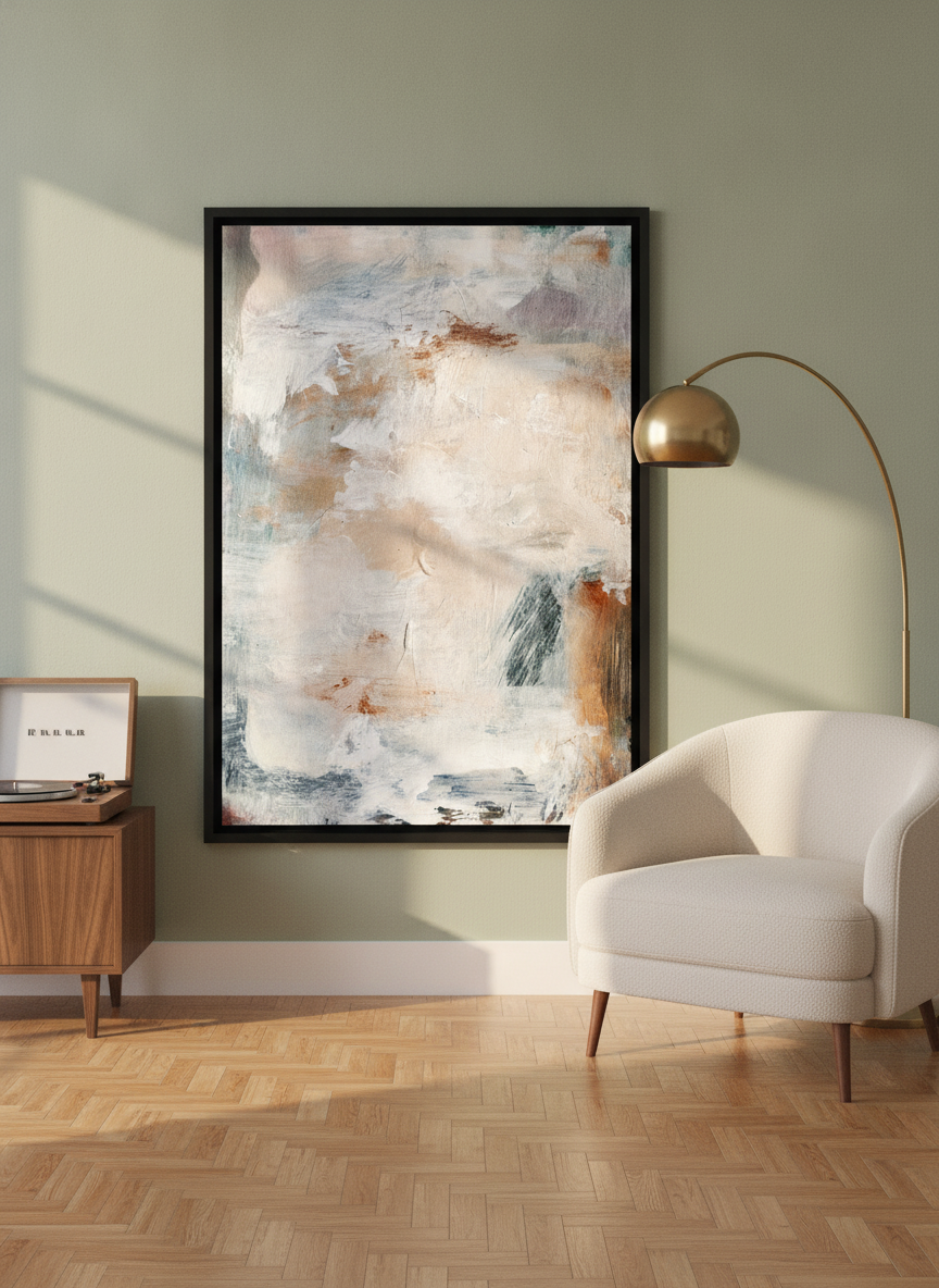 Canvas wall art with a black surround leaning against the wall in a mid-century living room