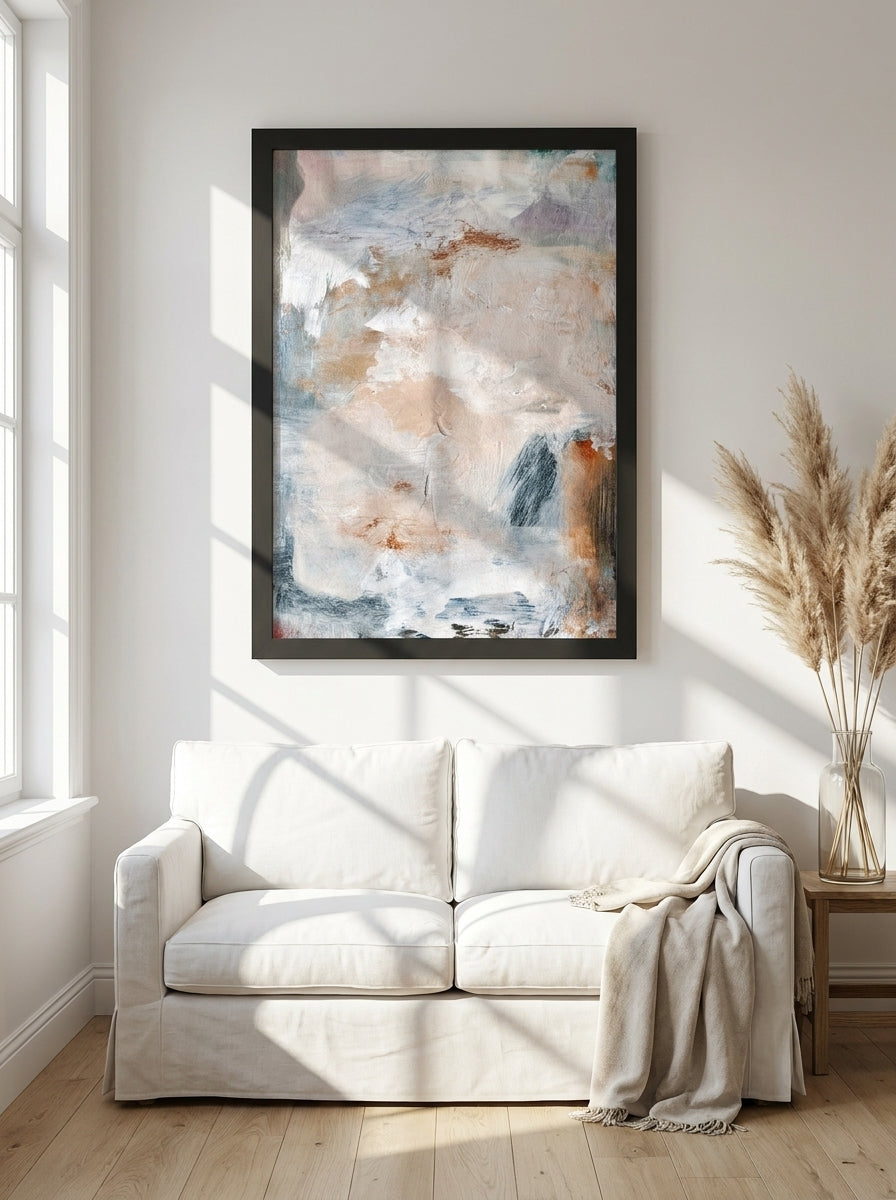 Modern wall art print styled on the wall in a coastal living room