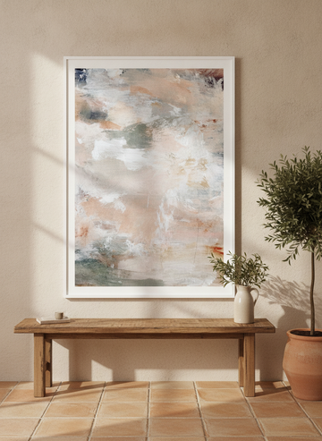 Modern wall art print standing on a bench in a Mediterranean home office