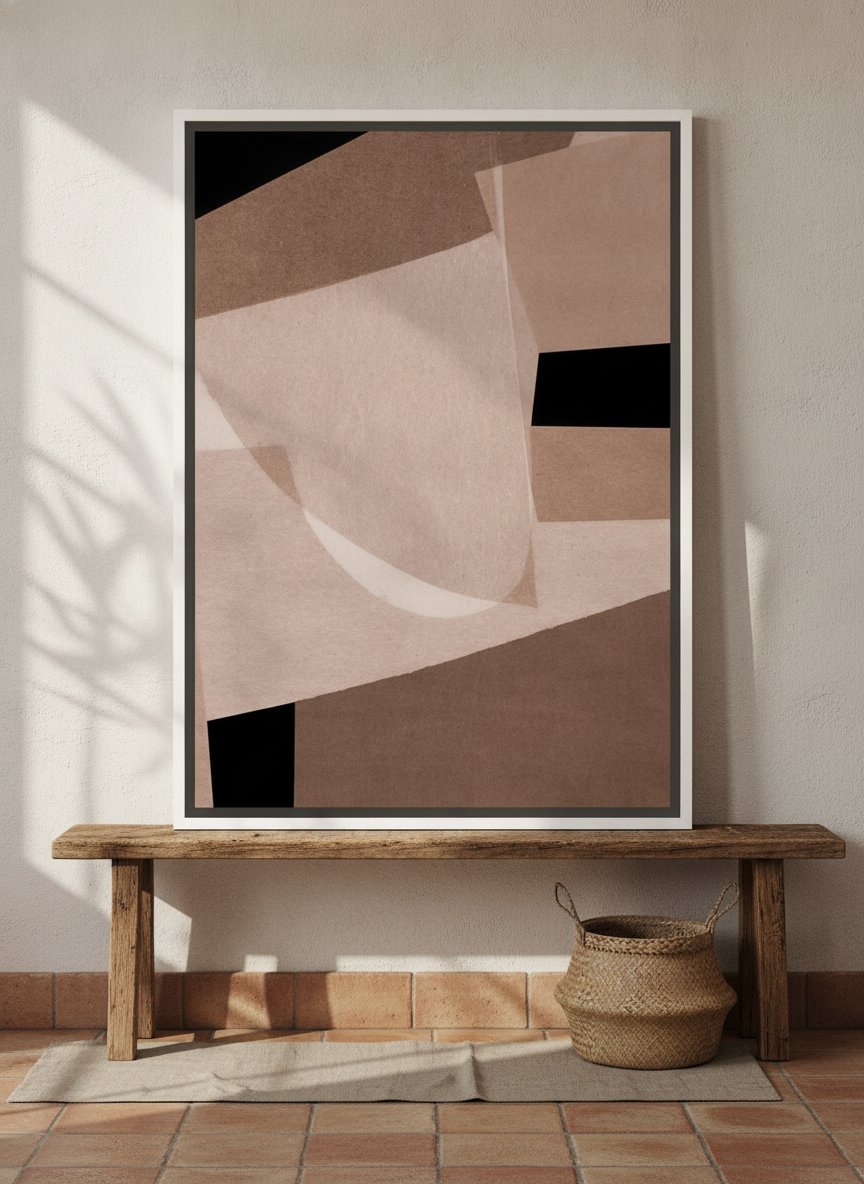 Canvas wall art with a white surround standing on a bench in a Mediterranean living room