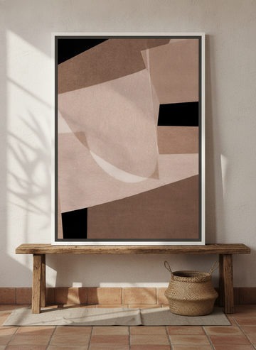 Canvas wall art with a white surround standing on a bench in a Mediterranean living room