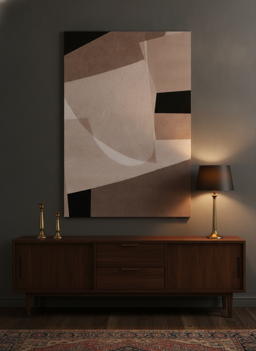 Stretched canvas wall art styled on the wall in a moody living room