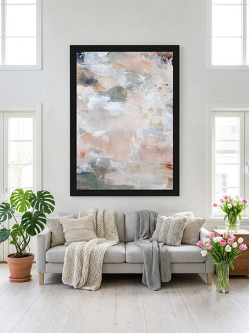 Oversized statement modern wall art print styled on the wall in a bright Scandinavian living room