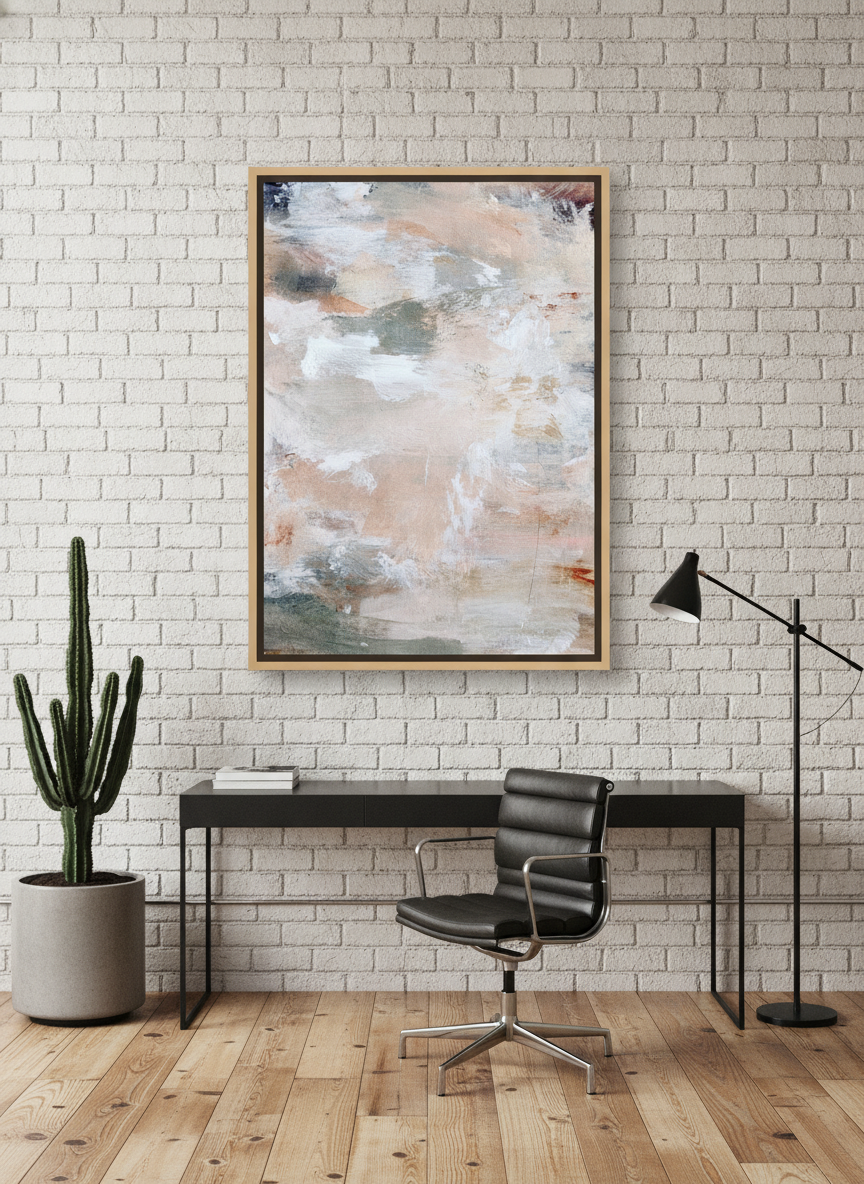 Canvas wall art with a natural timber surround styled on the wall in an industrial loft home office