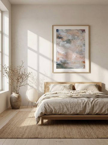 Modern wall art print styled on the wall in a warm Japandi bedroom