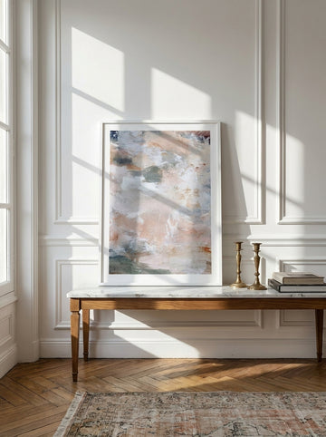 Modern wall art print standing on a console in a Parisian bedroom