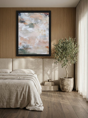 Oversized statement modern wall art print styled on the wall in a luxe bedroom