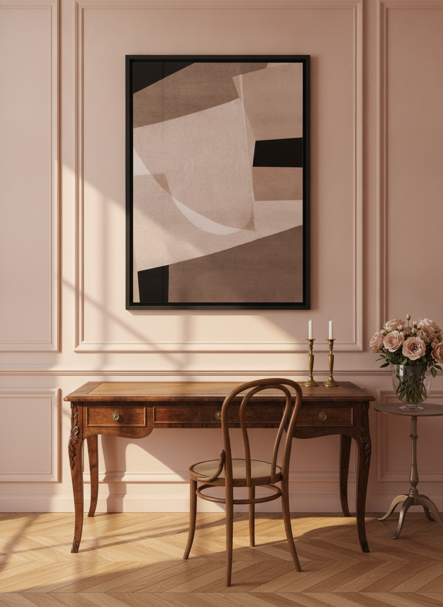 Modern wall art print styled on the wall in a Parisian home office