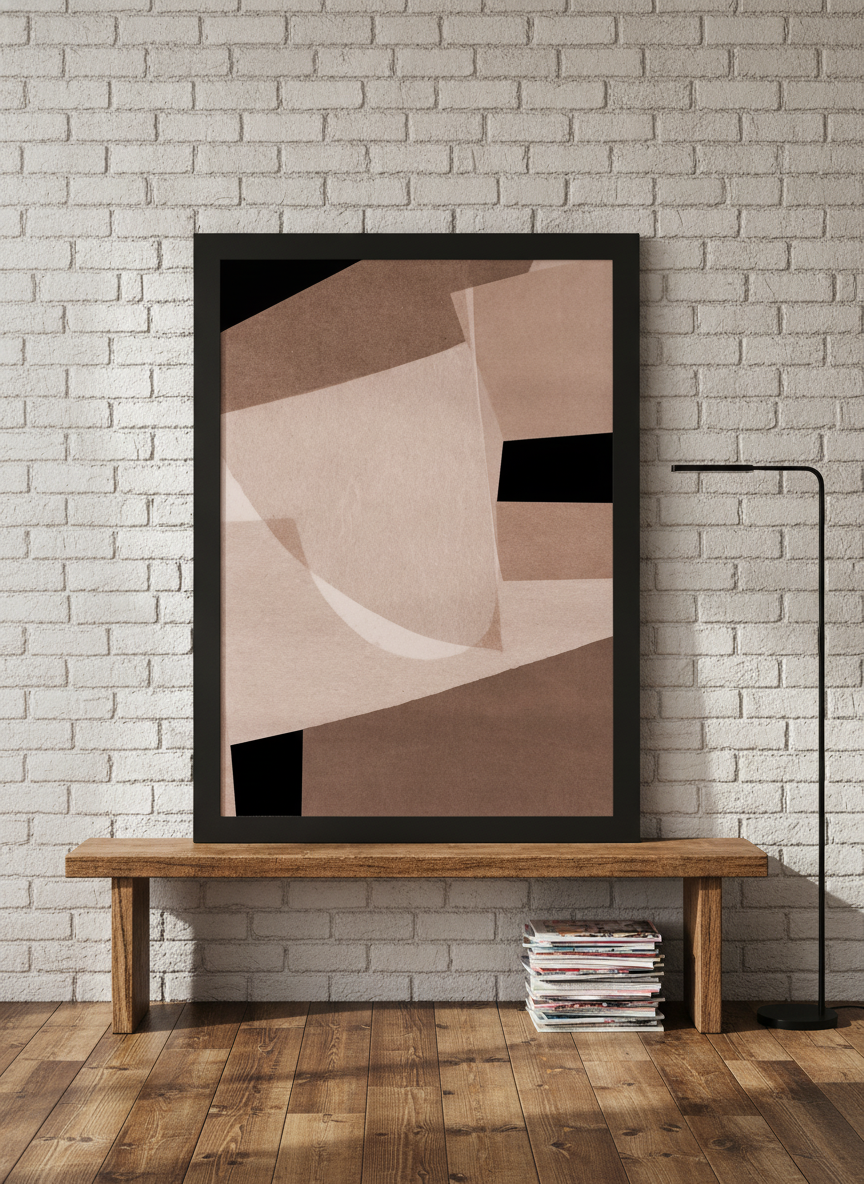 Modern wall art print standing on a bench in an industrial loft home office