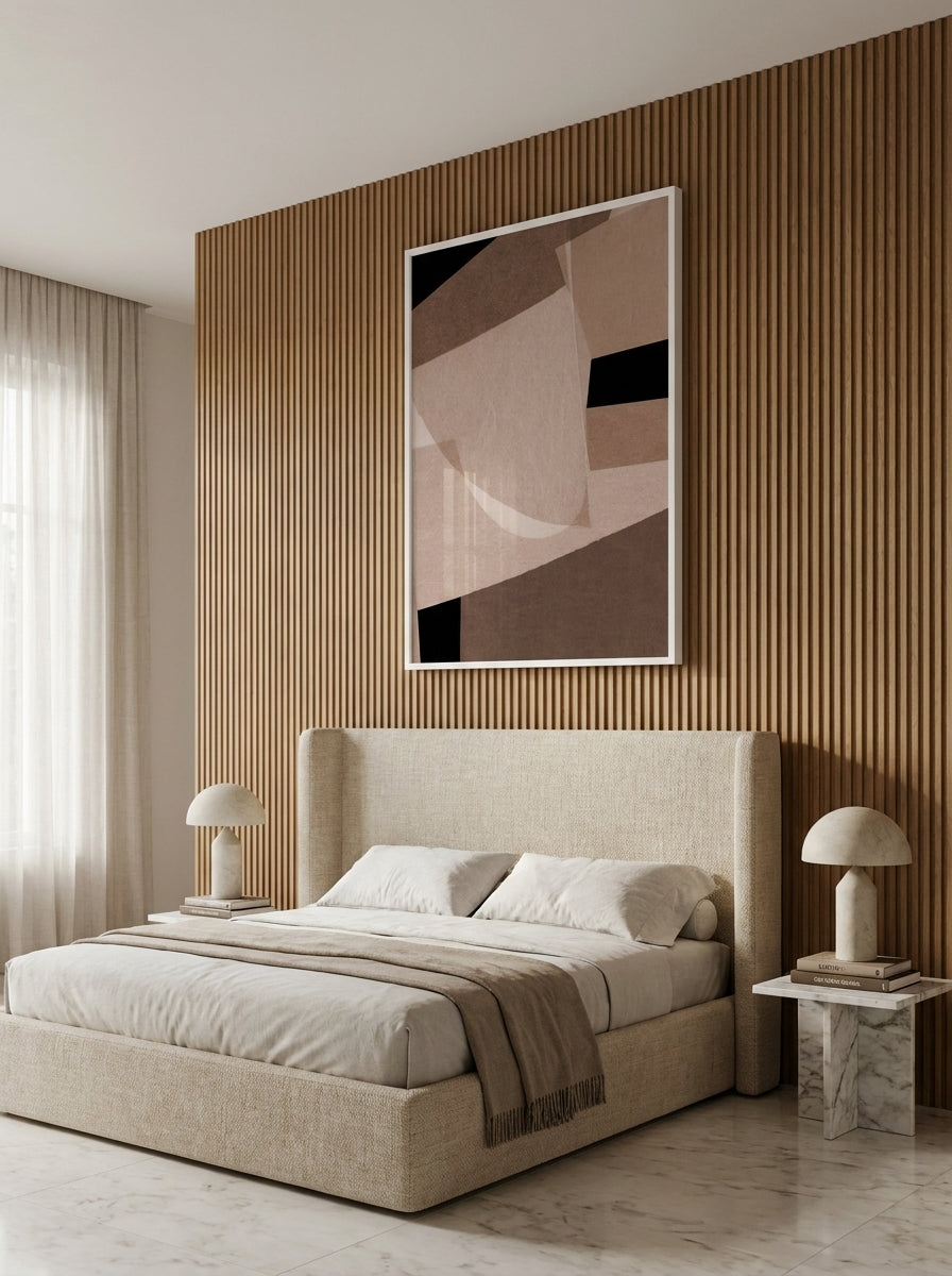 Oversized statement modern wall art print styled on the wall in a luxe bedroom