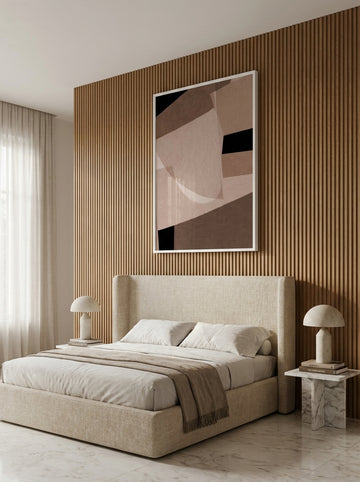 Oversized statement modern wall art print styled on the wall in a luxe bedroom