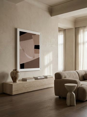 Oversized statement modern wall art print styled on the wall in a luxe living room
