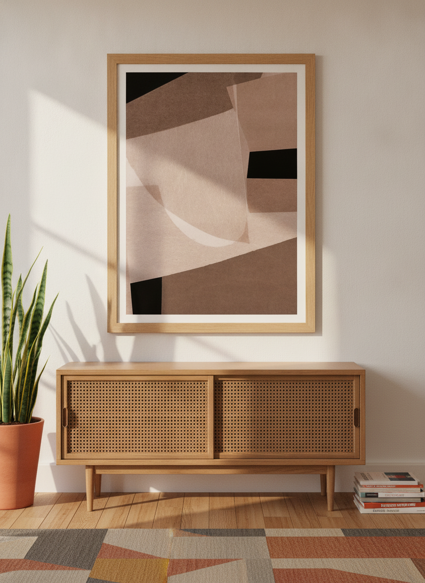 Modern wall art print styled on the wall in a mid-century living room