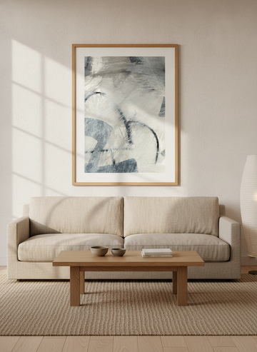 Modern wall art print styled on the wall in a warm Japandi living room