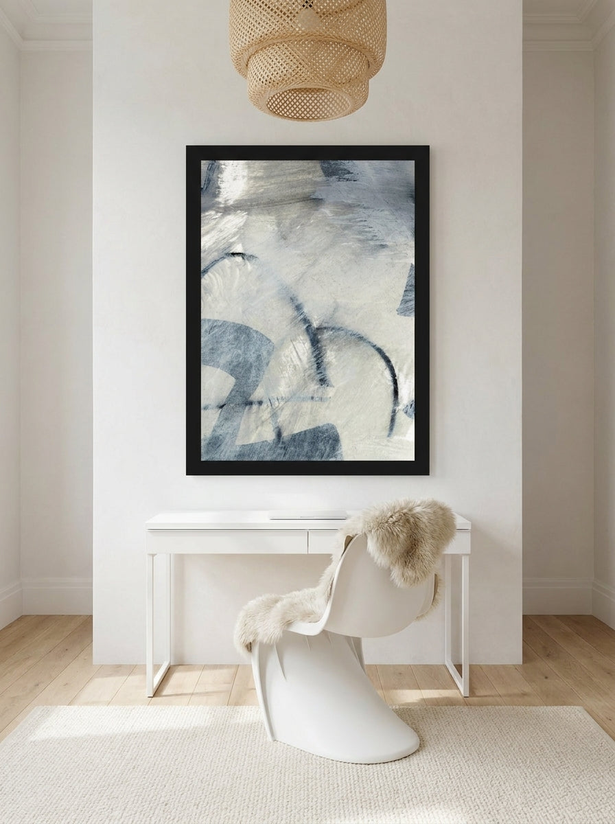Oversized statement modern wall art print styled on the wall in a bright Scandinavian home office