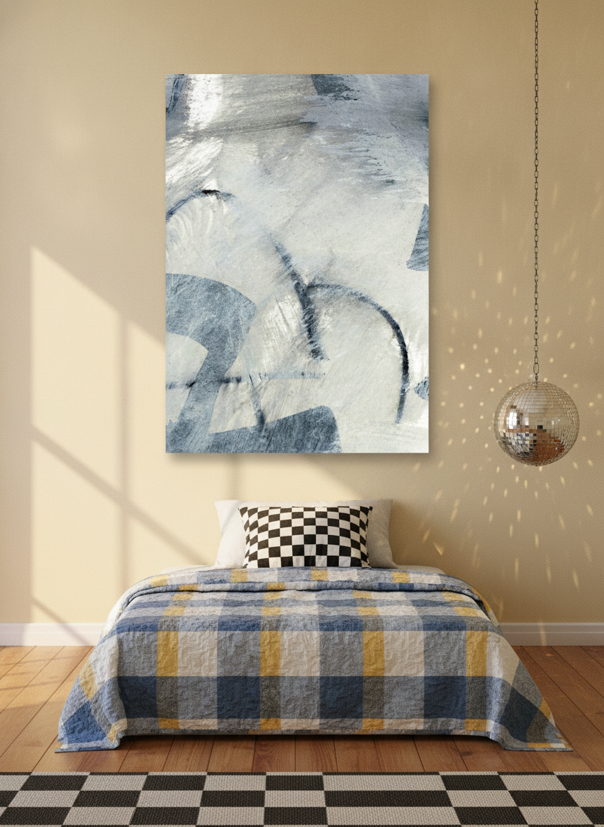 Stretched canvas wall art styled on the wall in a colourful eclectic bedroom