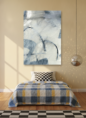 Stretched canvas wall art styled on the wall in a colourful eclectic bedroom