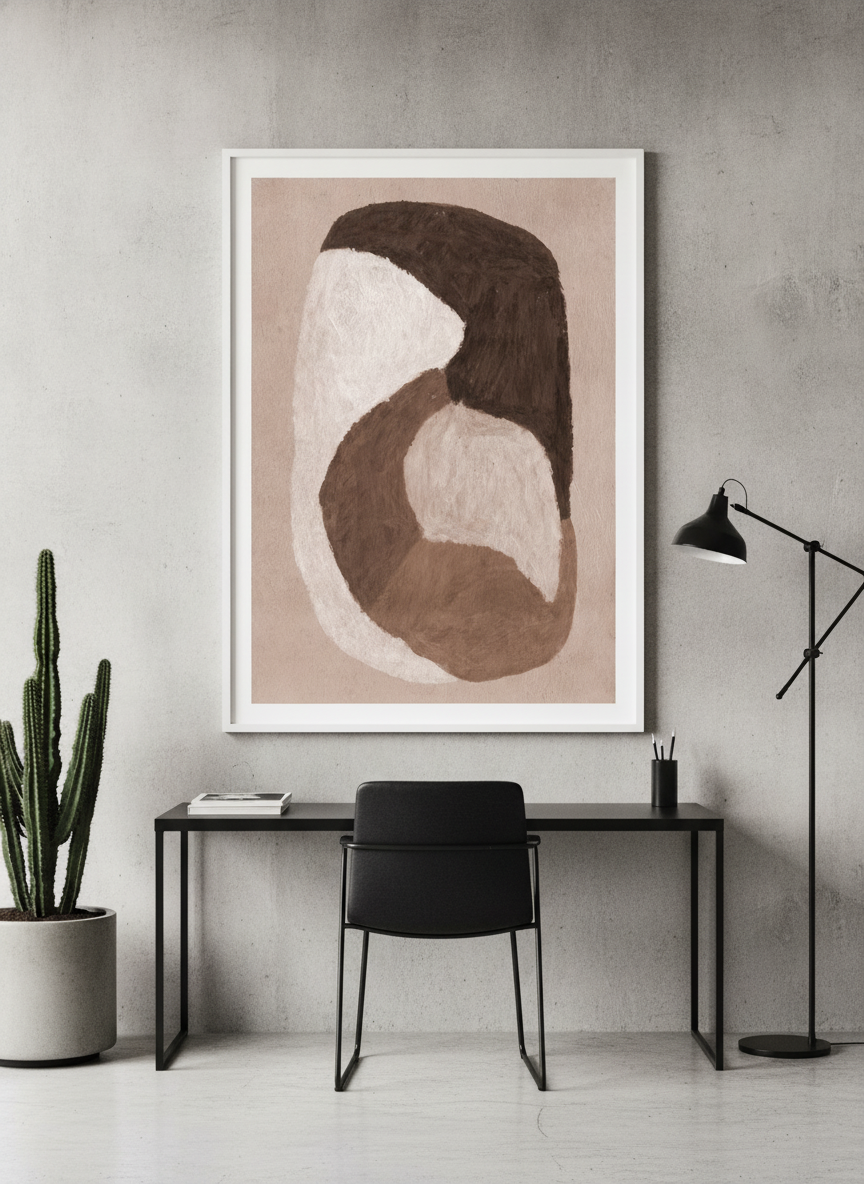 Modern wall art print styled on the wall in an industrial loft home office
