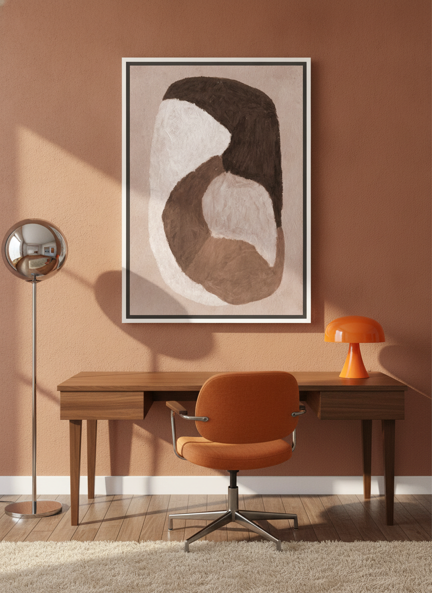 Canvas wall art with a white surround styled on the wall in a retro 70s home office