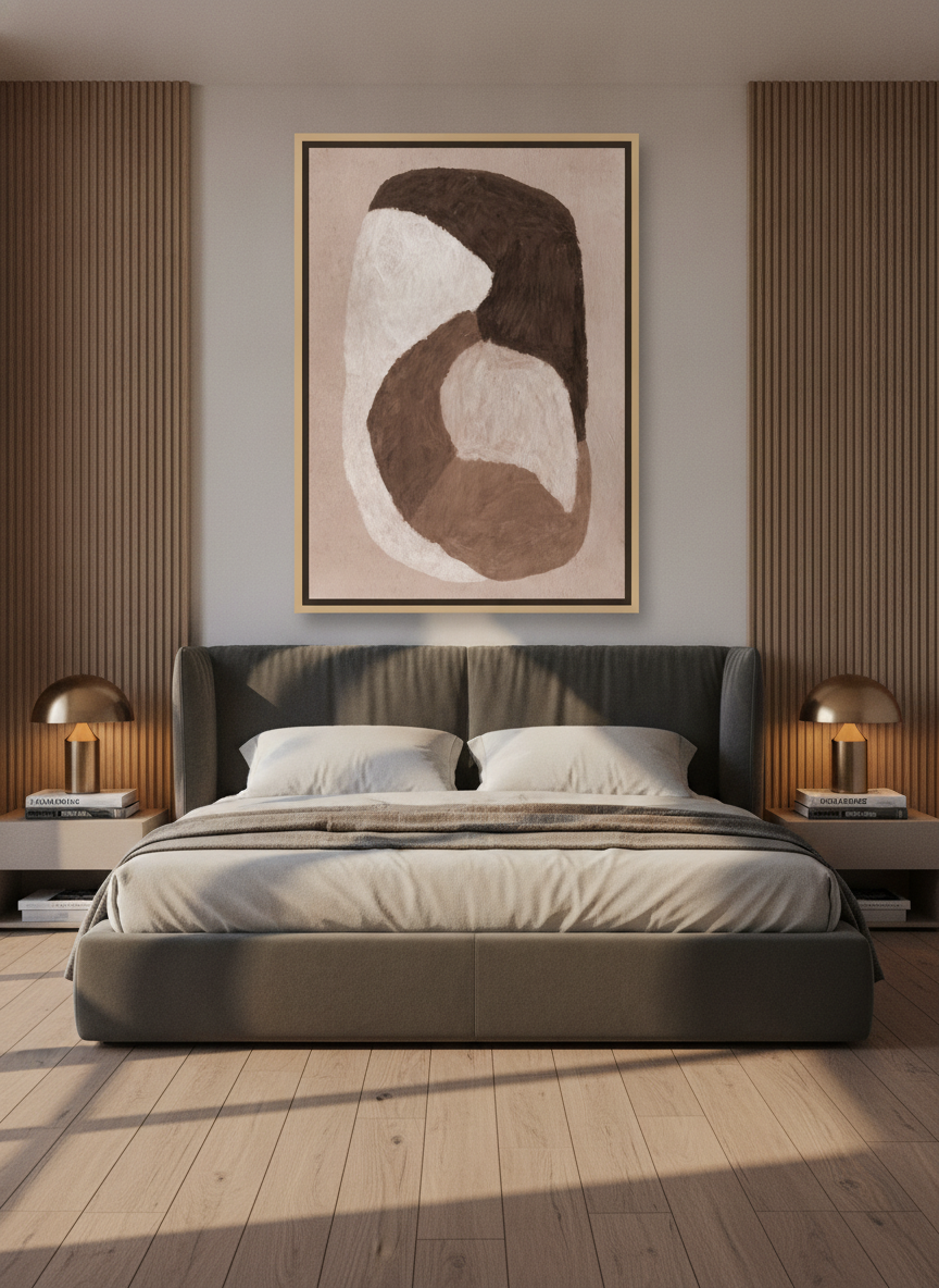 Oversized statement canvas wall art with a natural timber surround styled on the wall in a luxe bedroom
