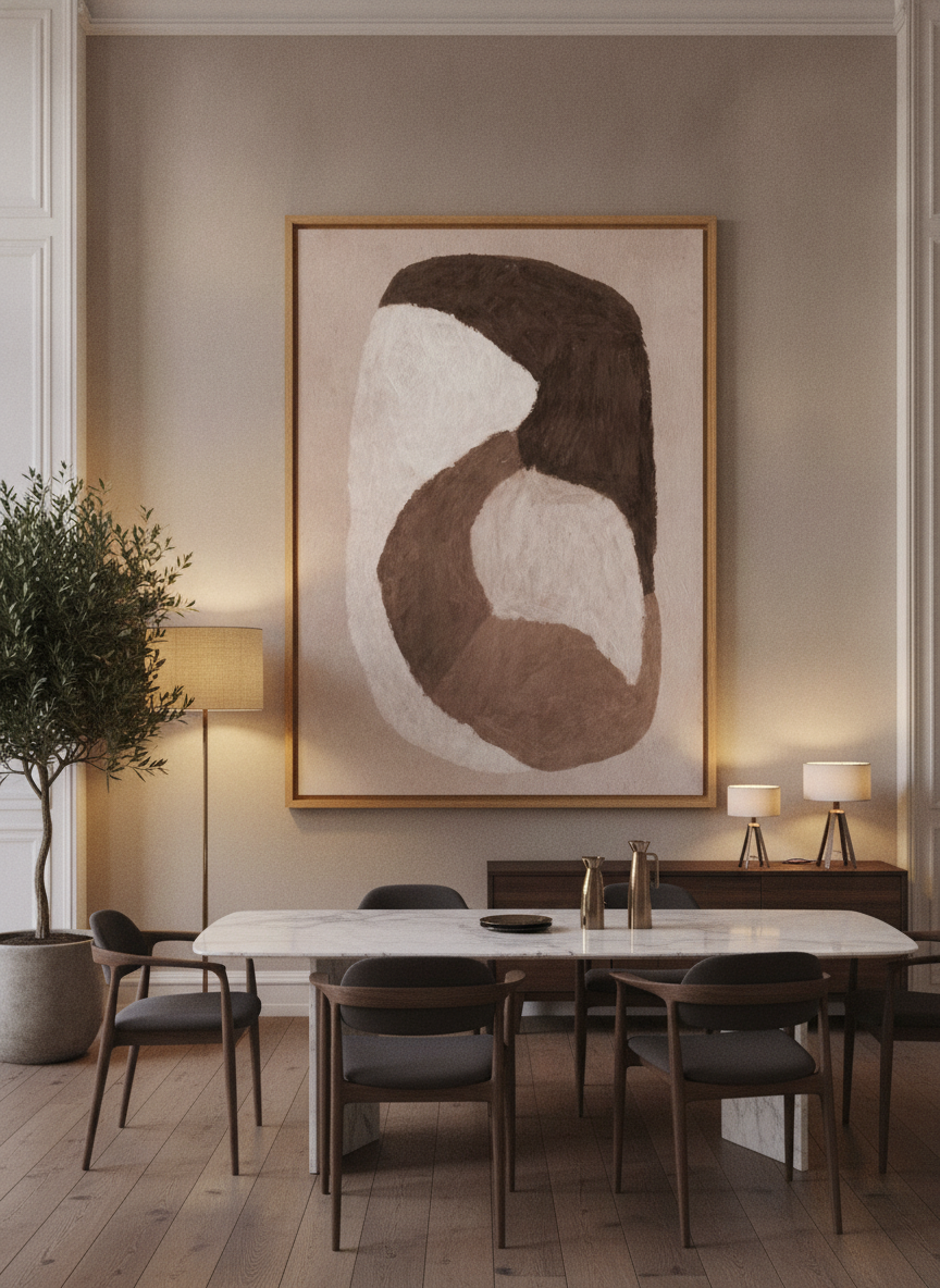 Oversized statement modern wall art print styled on the wall in a luxe dining room