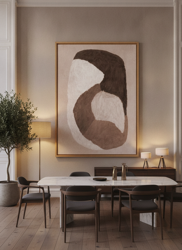 Oversized statement modern wall art print styled on the wall in a luxe dining room