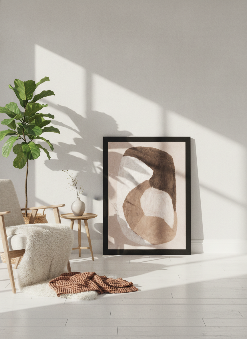 Modern wall art print leaning against the wall in a bright Scandinavian living room
