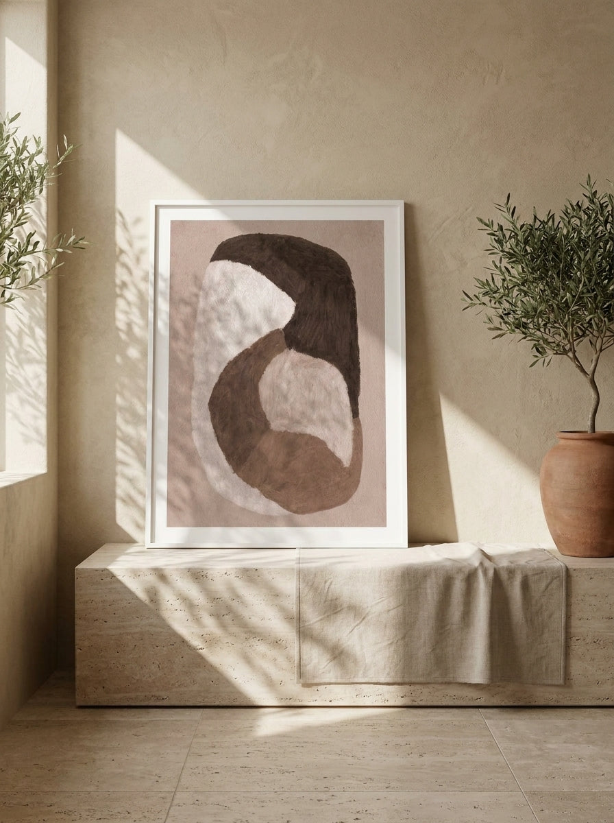 Modern wall art print standing on a console in a Mediterranean bedroom