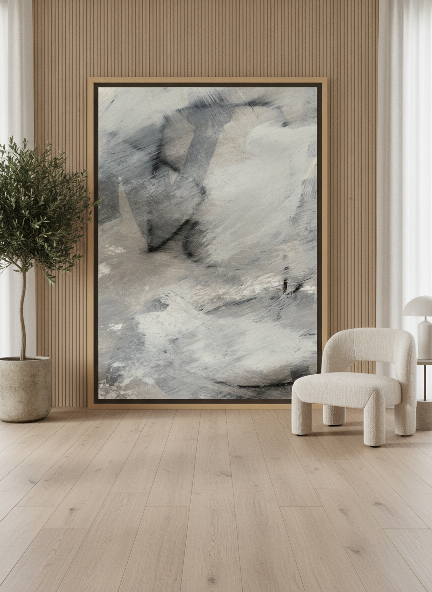 Oversized statement canvas wall art with a natural timber surround leaning against the wall in a luxe dining room