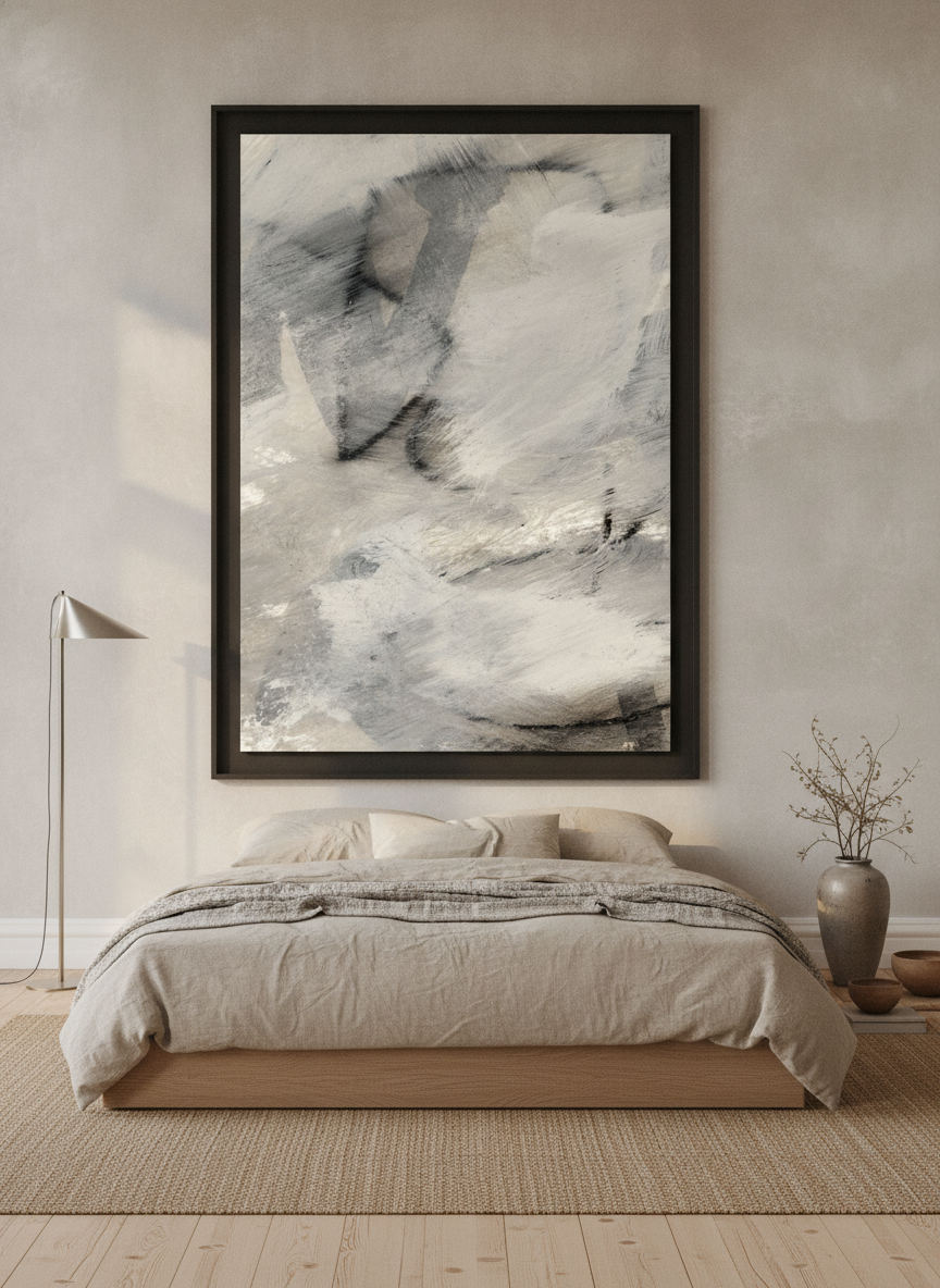 Oversized statement modern wall art print styled on the wall in a warm Japandi bedroom