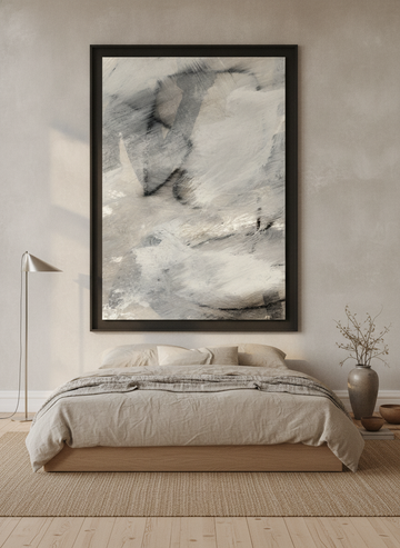 Oversized statement modern wall art print styled on the wall in a warm Japandi bedroom