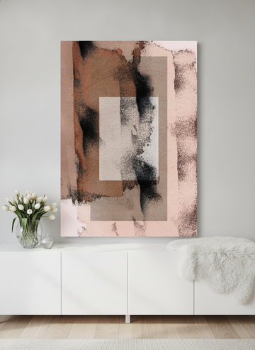 Stretched canvas wall art standing on a sideboard in a bright Scandinavian home office