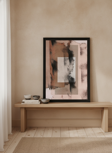 Modern wall art print standing on a bench in a warm Japandi home office