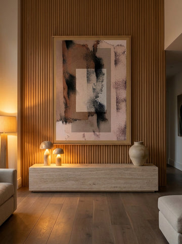 Oversized statement modern wall art print styled on the wall in a luxe living room