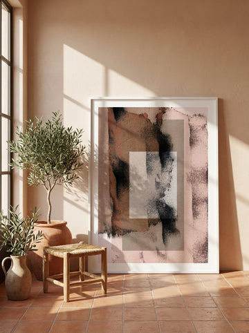 Oversized statement modern wall art print leaning against the wall in a Mediterranean living room
