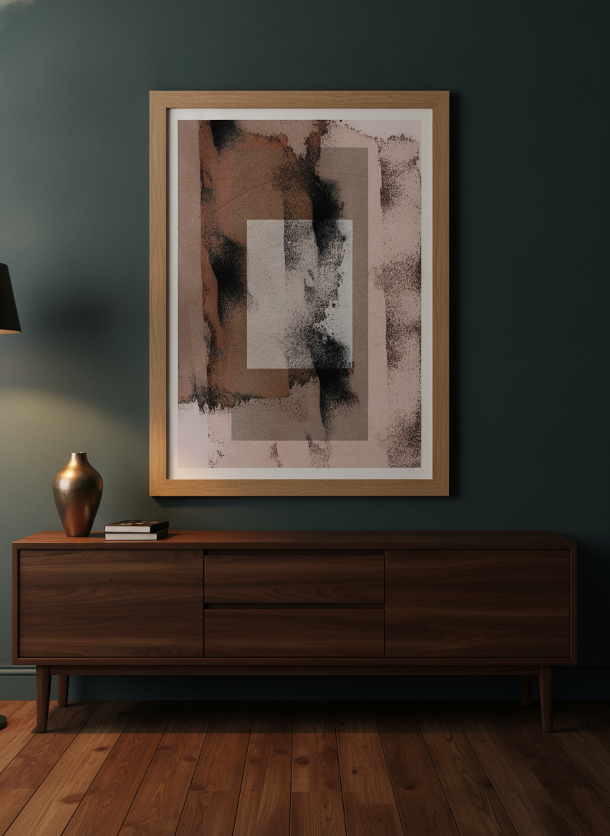 Modern wall art print styled on the wall in a moody living room